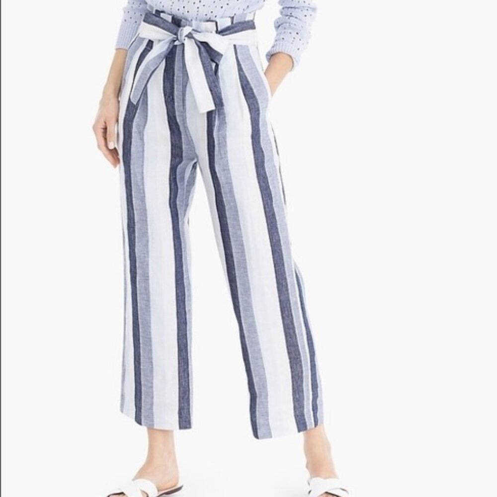 J.Crew Women's Point Sur Linen Paper Bag Pants - Size 0, Blue Stripes